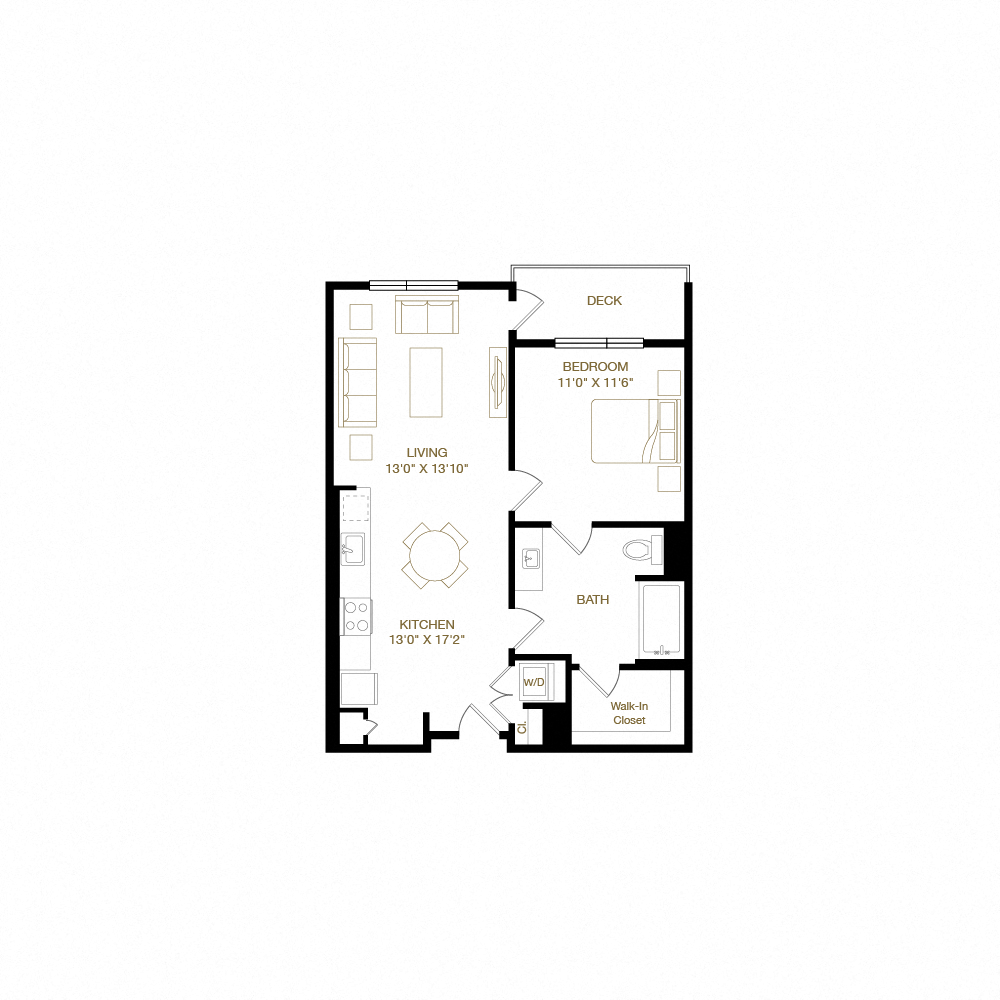 Floor plan for 1 bed, 1 bath, 840 sqft
